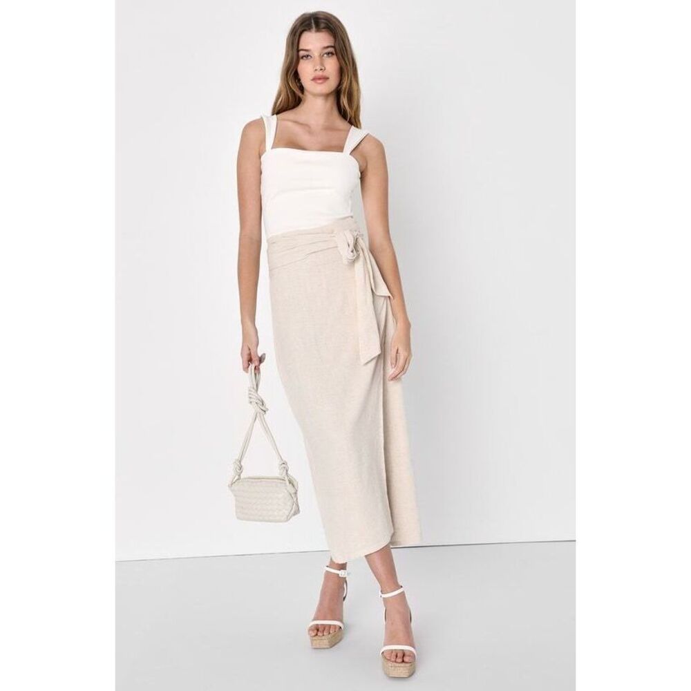 Lulus Breezy Personality Beige Linen Midi Wrap Skirt - Size XS